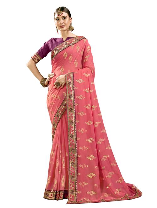 pink chanderi printed saree with blouse - 18264632 - Very Small Image - 1