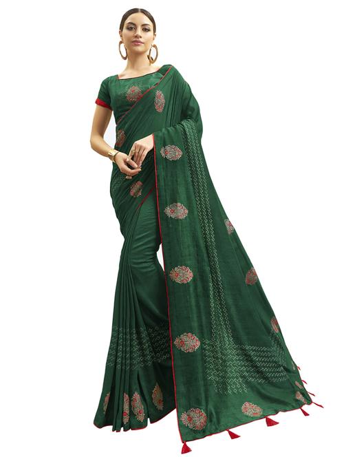 green chanderi embroidered saree with blouse - 18264695 - Very Small Image - 1
