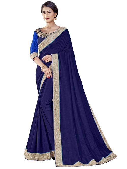 navy chanderi plain saree with blouse - 18264742 - Very Small Image - 1