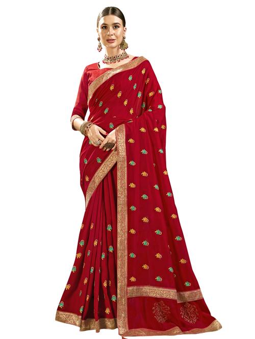 red chanderi embroidered saree with blouse - 18264884 - Very Small Image - 1