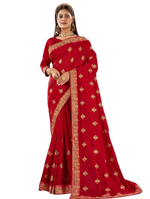 red chanderi embroidered saree with blouse - 18264966 - Very Small Image - 1