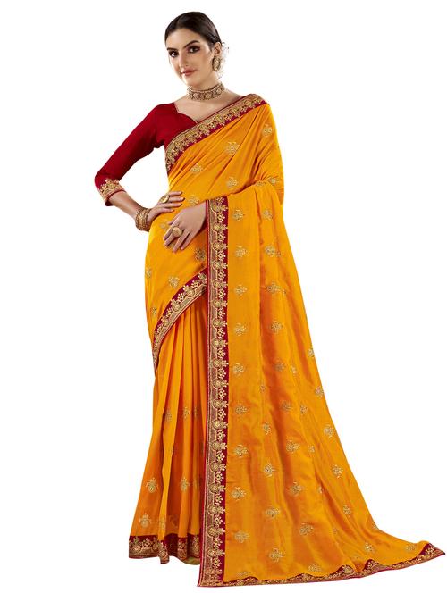 yellow chanderi embroidered saree with blouse - 18264971 - Very Small Image - 1