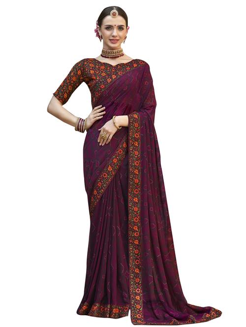 purple georgette printed saree with blouse - 18265082 - Very Small Image - 1
