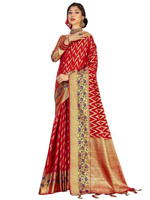 orange silk blend saree with blouse - 18265174 - Very Small Image - 1
