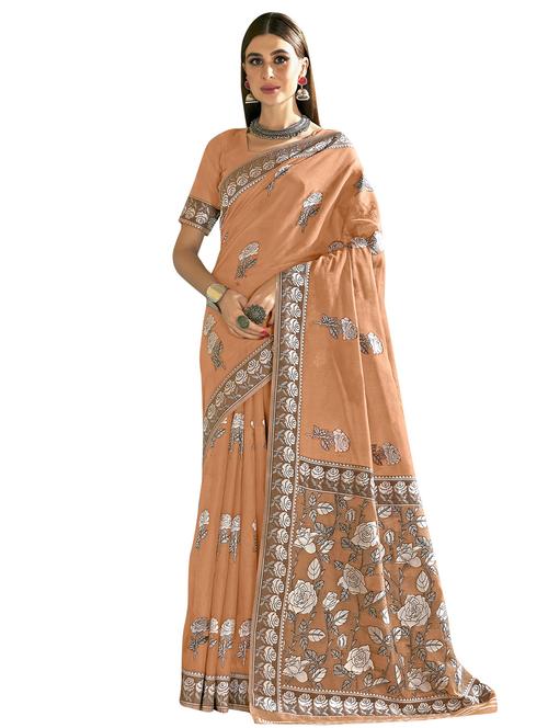 orange linen saree with blouse - 18265197 - Very Small Image - 1