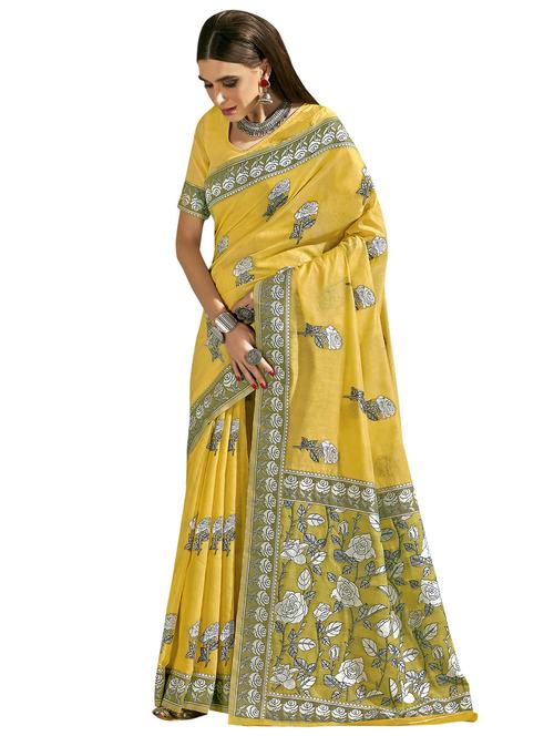 yellow linen saree with blouse - 18265201 - Very Small Image - 1