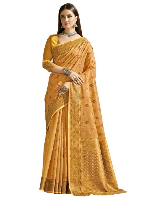 mustard linen saree - 18265205 - Very Small Image - 1