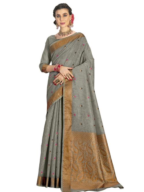green linen saree with blouse - 18265217 - Very Small Image - 1