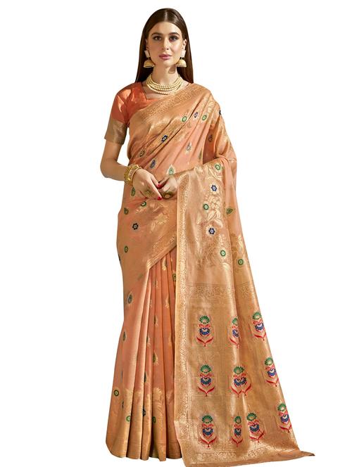 orange linen saree with blouse - 18265221 - Very Small Image - 1