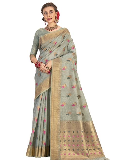 grey linen saree with blouse - 18265232 - Very Small Image - 1