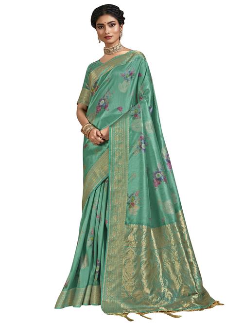 turquoise art silk printed saree with blouse - 18265263 - Very Small Image - 1