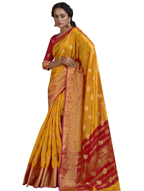 yellow cotton blend saree with blouse - 18265285 - Very Small Image - 1