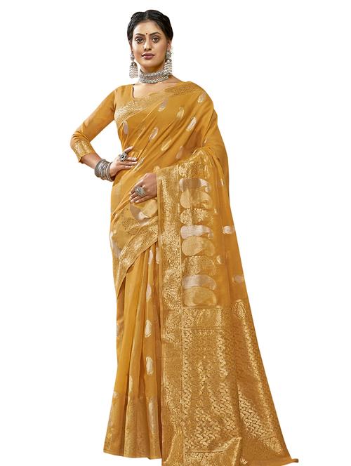 yellow linen saree with blouse - 18265381 - Very Small Image - 1