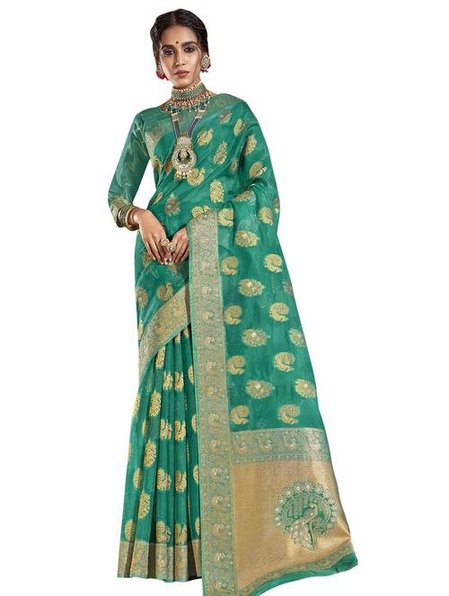 turquoise organza saree - 18265457 - Very Small Image - 1