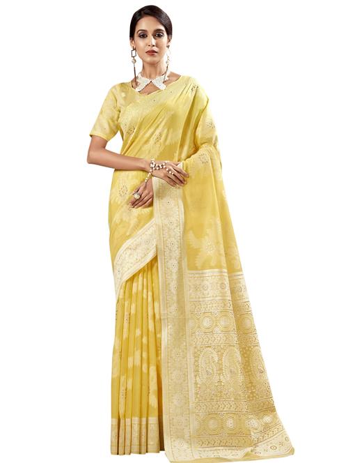 yellow linen saree with blouse - 18265471 - Very Small Image - 1