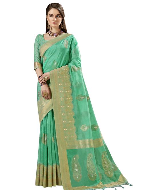 turquoise organza saree - 18265488 - Very Small Image - 1
