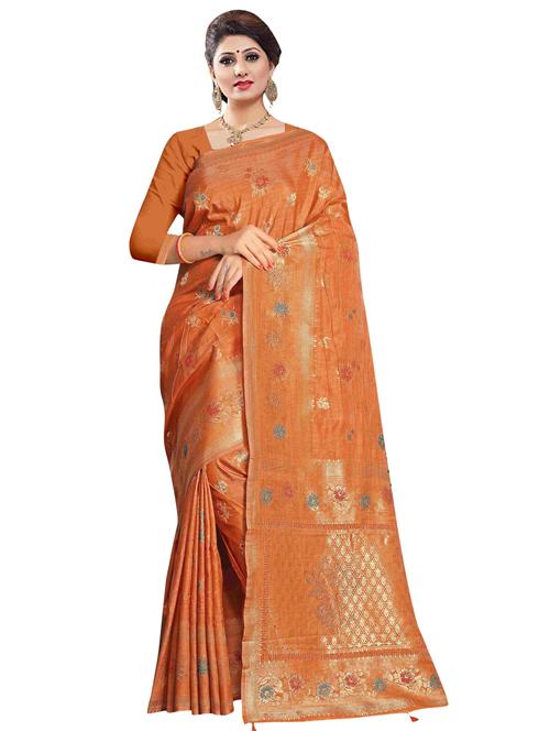 orange cotton saree with blouse - 18265525 - Very Small Image - 1
