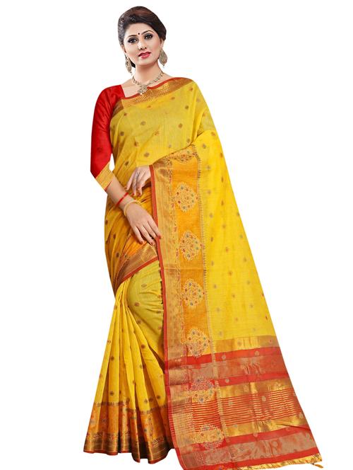 yellow cotton saree with blouse - 18265544 - Very Small Image - 1