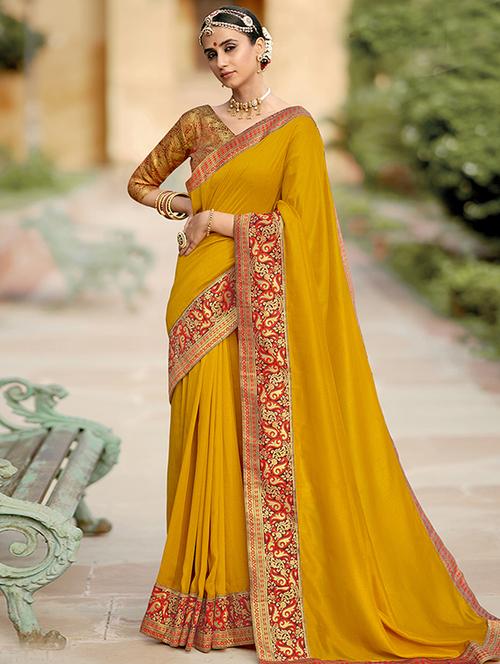 mustard silk blend saree with blouse - 18265790 - Very Small Image - 1