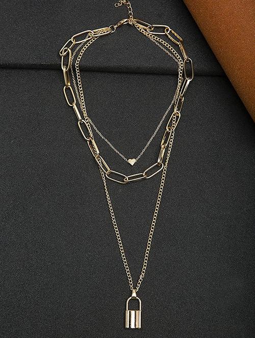 combo of 2 gold stylish triple layered leaf and heart lock pendent necklace - 18267167 - Very Small Image - 1