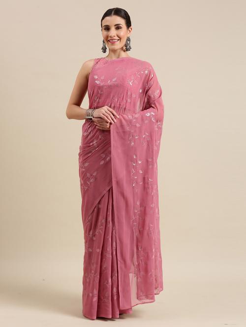 pink georgette embroidered saree with blouse - 18269520 - Very Small Image - 1