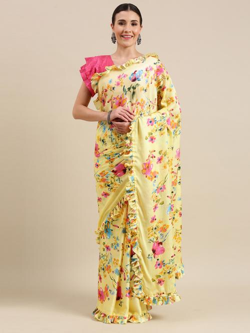 yellow cotton blend printed saree with blouse - 18269525 - Very Small Image - 1