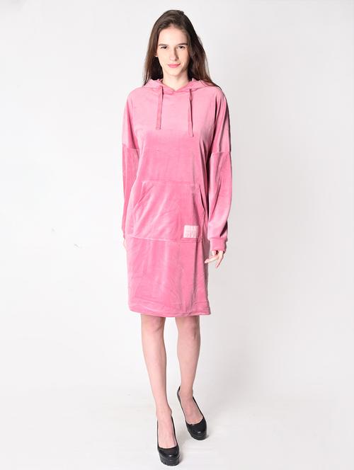 hooded neck solid shift dress - 18270059 - Very Small Image - 1