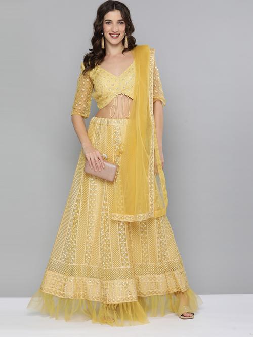 yellow net flared lehenga - 18270122 - Very Small Image - 1