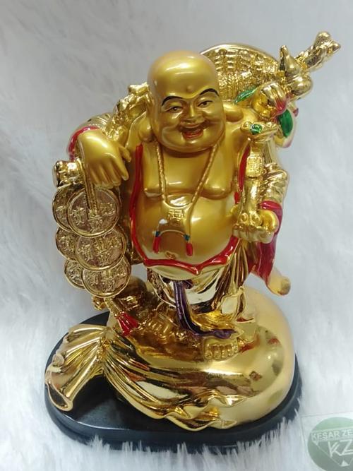 kesar zems laughing buddha on sack fiberoptic showpiece (14 x 9 x 18 cm, gold) - 18270166 - Very Small Image - 1