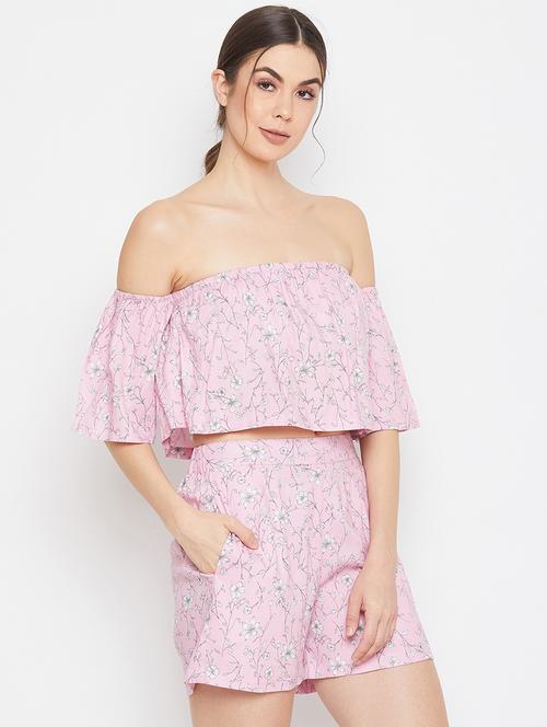 off shoulder printed top with shorts set - 18270226 - Very Small Image - 1