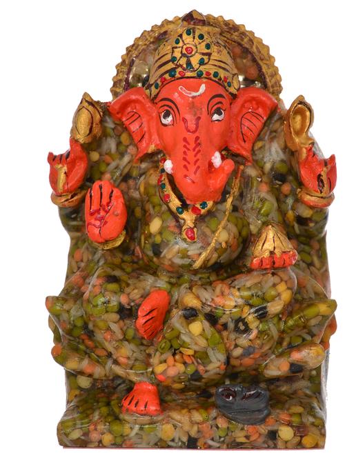 kesar zems sapt dhaan (paddy) ganesh idol for pooja or showpiece (11cm x 7cm x 16 cm) multicolour - 18270447 - Very Small Image - 1