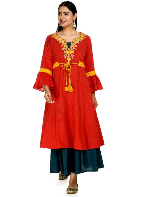 red cotton blend anarkali kurta - 18271356 - Very Small Image - 1