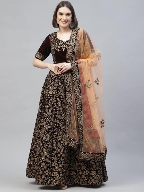 maroon velvet flared lehenga - 18272761 - Very Small Image - 1
