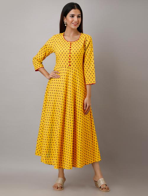 yellow printed flared ethnic dress - 18272827 - Very Small Image - 1