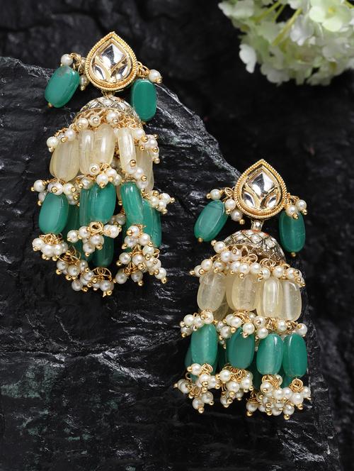 kundan, pearls green jhumka earring - 18272932 - Very Small Image - 1