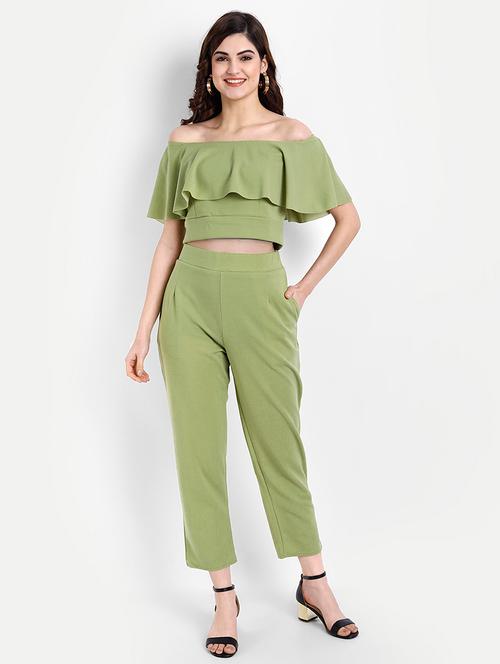 off shoulder solid top and trouser set - 18273446 - Very Small Image - 1
