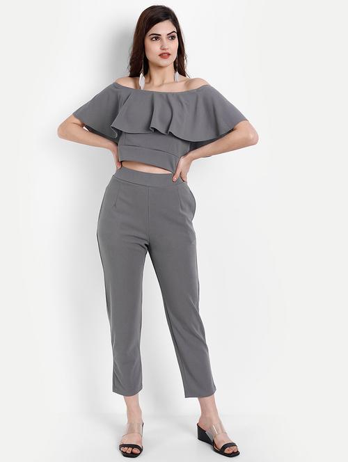 off shoulder solid top and trouser set - 18273447 - Very Small Image - 1