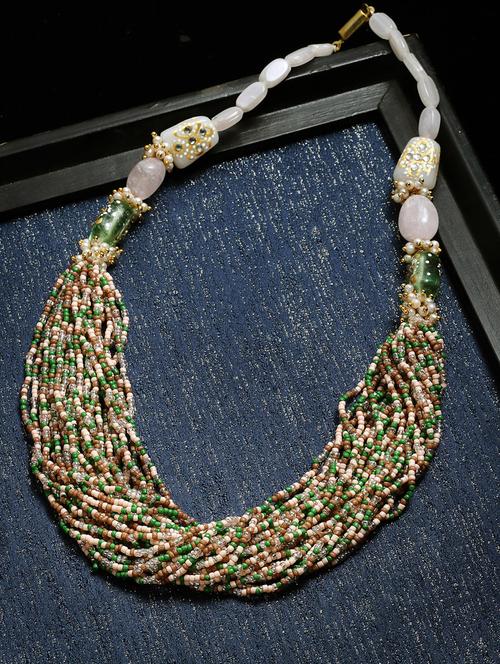 kundan, pearls, natural stones, faux emerald pink, green, brown, peach, white, gold layered necklace - 18274249 - Very Small Image - 1