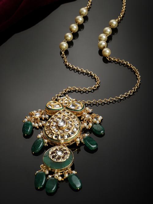 kundan, pearls, natural stones, faux emerald green, maroon, gold, white haar necklace - 18274254 - Very Small Image - 1