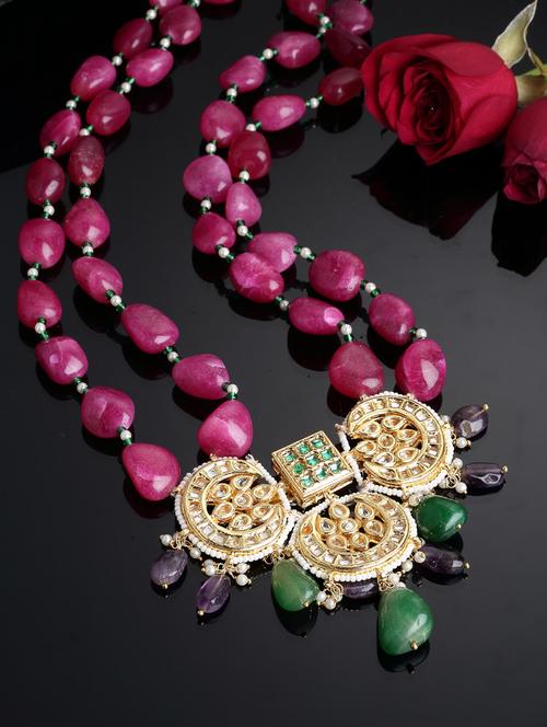 kundan, pearls, natural stones, faux ruby red, green, purple, white, gold haar necklace - 18274255 - Very Small Image - 1