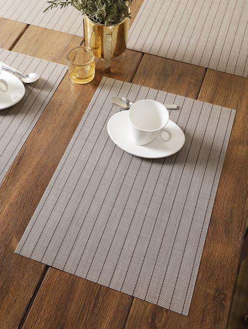 bianca easy clean premium woven pvc dining place-mat table-mat -6pc 12 x 18 set (alpine) stripe-khaki/brown - 18275857 - Very Small Image - 1