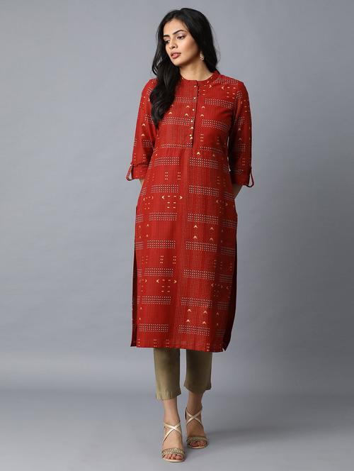 orange printed straight kurta - 18277883 - Very Small Image - 1