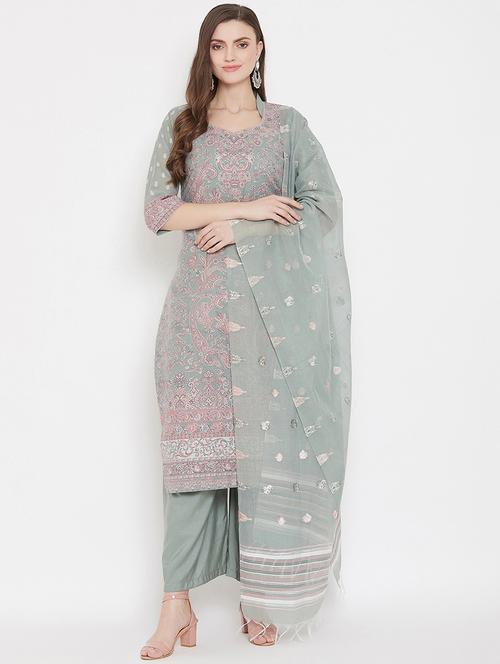 green cotton unstitched suit - 18278254 - Very Small Image - 1