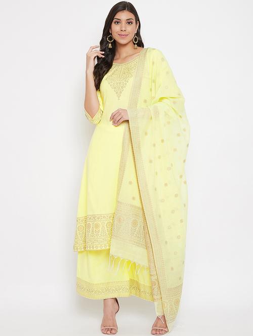 yellow cotton unstitched suit - 18278257 - Very Small Image - 1