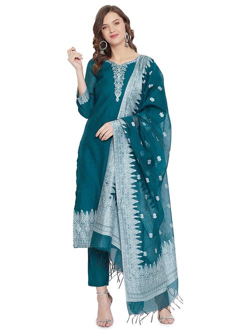 green cotton unstitched suit - 18278368 - Very Small Image - 1