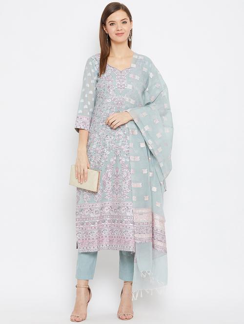 grey cotton unstitched suit - 18278383 - Very Small Image - 1