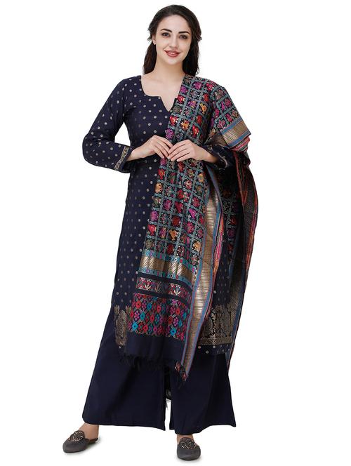 navy silk unstitched suit - 18278411 - Very Small Image - 1