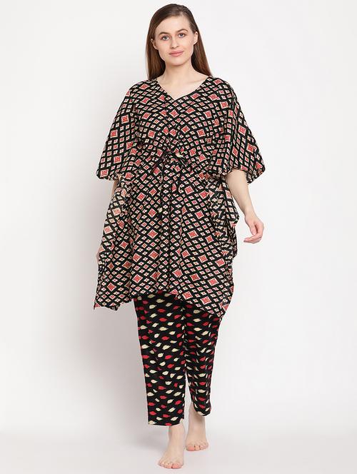 v-neck printed nightwear pajama set - 18278455 - Very Small Image - 1