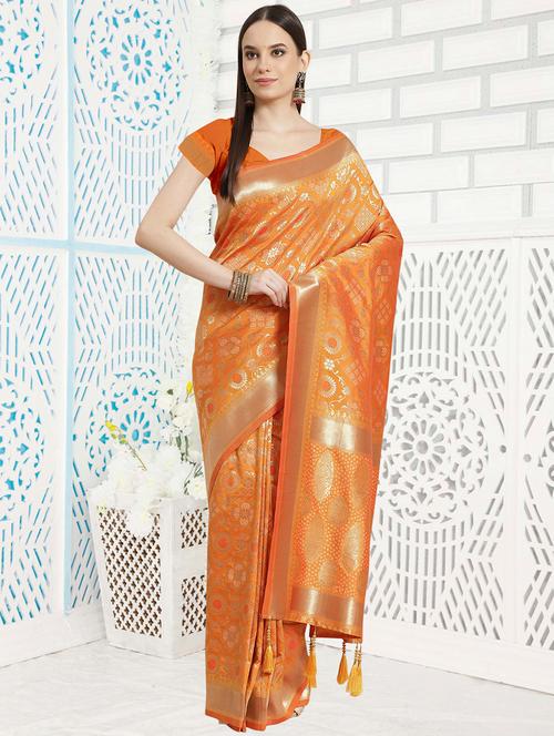 orange banarasi saree with blouse - 18278596 - Very Small Image - 1