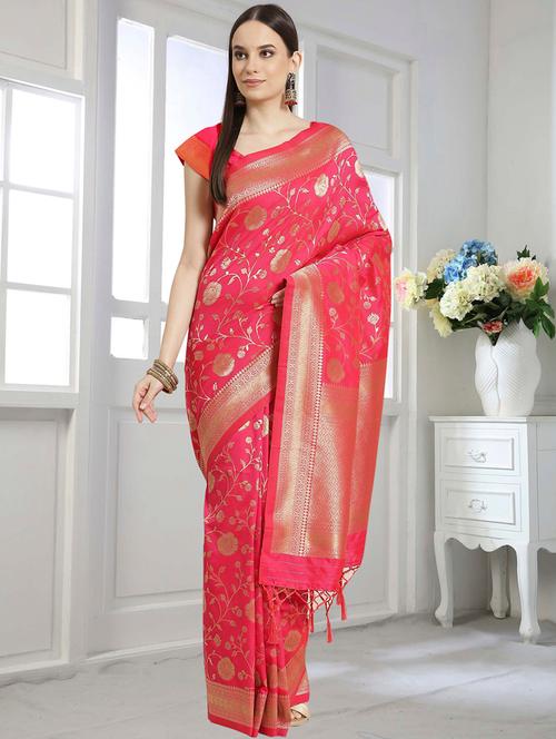 pink silk blend banarasi saree with blouse - 18278599 - Very Small Image - 1